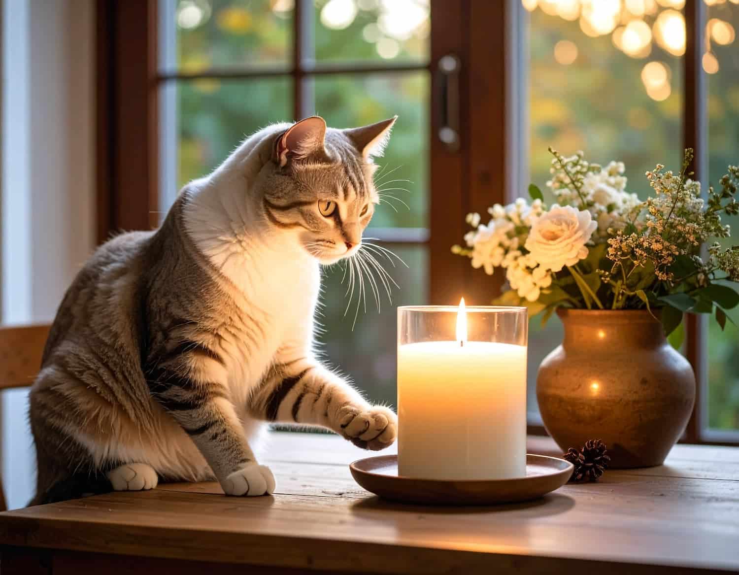 A gray and white cat sits on a wooden table, curiously reaching toward a lit candle next to a vase of white flowers by a window.